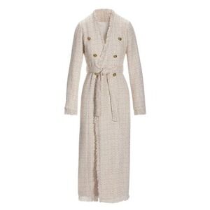 Boston Proper 8 Tweed Metallic Tie Waist Duster Off White/Gold Fringe Longline‎
